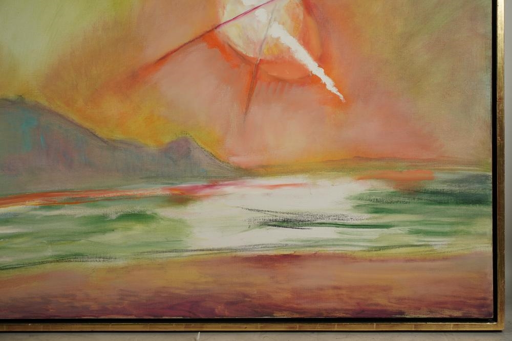 A vibrant abstract landscape featuring a radiant sunburst over a serene horizon.