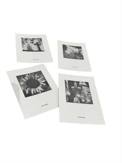 A scattered arrangement of four black-and-white Polaroid-style photographs on a plain background.