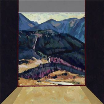 A framed landscape painting viewed from a low angle, featuring layered mountains in cool tones against a warm foreground.