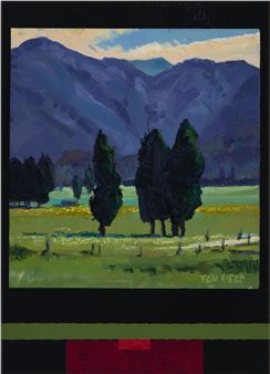 A landscape painting featuring a green field with dark trees and distant purple mountains under a pale sky.