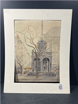 A watercolor painting of a fountain in the middle of a city.