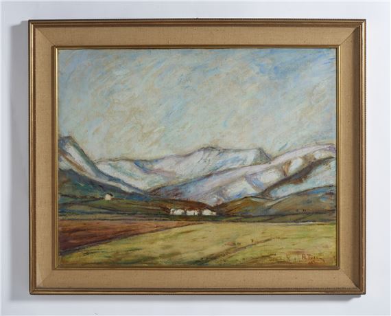 A painting of a landscape with mountains in the background.