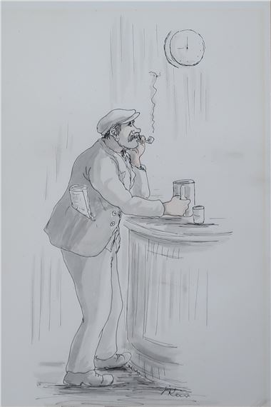 A sketch of a man leaning on a counter, smoking and looking down.