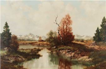 A serene landscape painting featuring a winding river, autumnal trees, and distant snow-capped mountains.