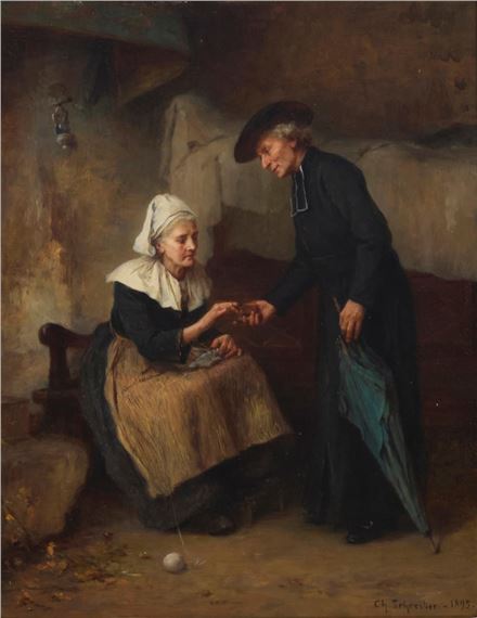 A quiet, intimate moment between two figures in a rustic interior.