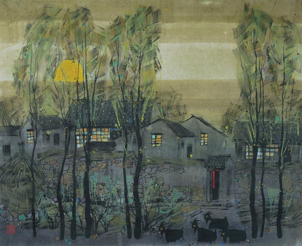 Li Fuyuan | Village with Goats at Night (1993) | MutualArt