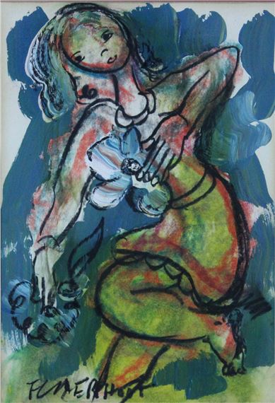 A vibrant, expressive drawing of a seated figure holding a flower against a dynamic blue background.