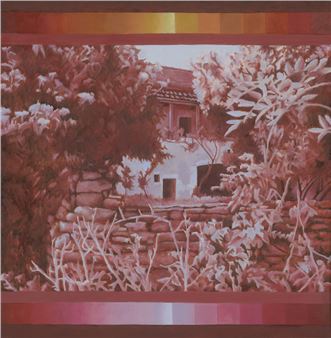 A monochromatic landscape painting featuring a stone wall, foliage, and a building in the background.