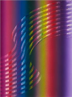 A painting of a rainbow colored spiral design on a purple background.
