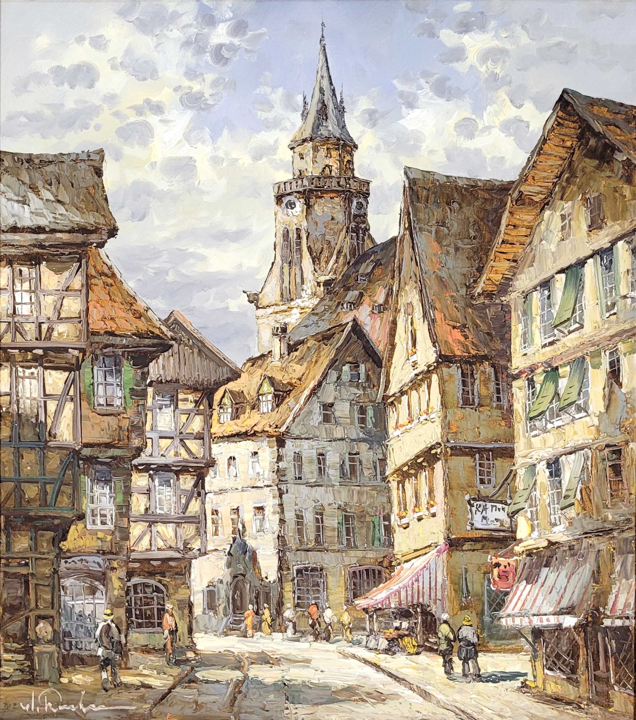 A sun-drenched European street scene featuring half-timbered buildings and a church tower.