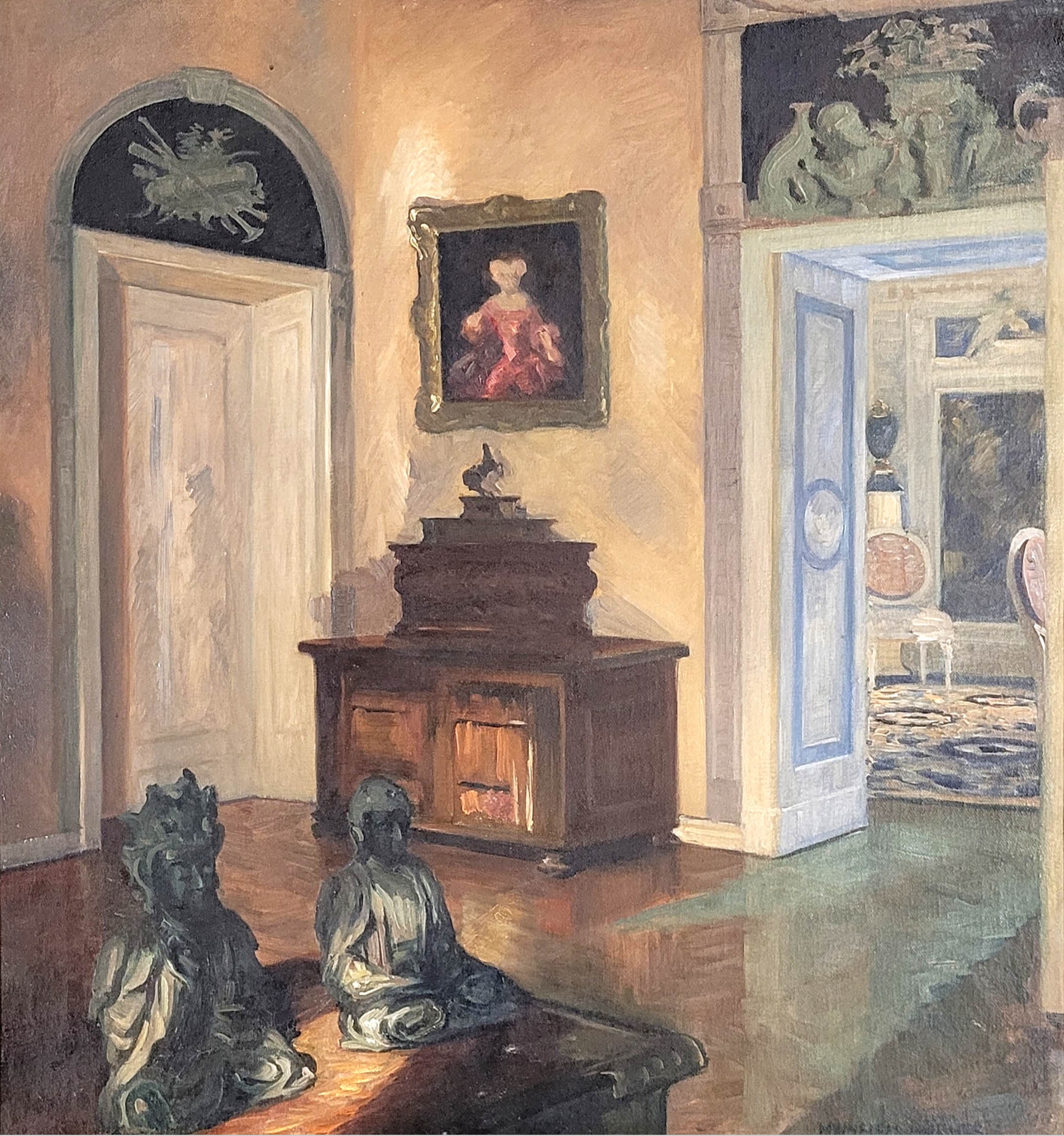 Heinrich Hübner | Schloßinterieur mit Buddha-Figuren | MutualArt
