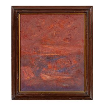 A painting of a red and orange landscape in a wooden frame.