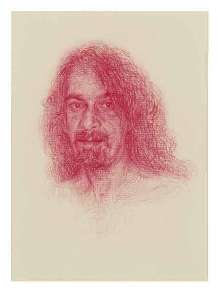 A monochromatic red sketch of a figure with long hair and a beard against a neutral background.
