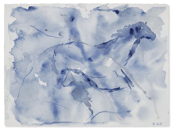 A watercolor painting of a horse running in the wind.