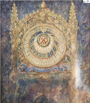 A watercolor painting of an ornate clock face with Roman numerals, flanked by tall spires and a decorative ribbon below.