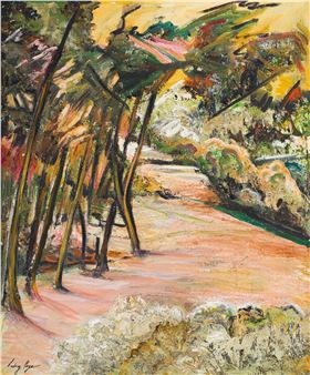 A vibrant, impressionistic landscape painting of a sun-drenched forest path.