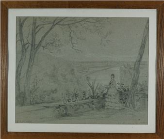 A drawing of a woman sitting on a bench in a wooded area.