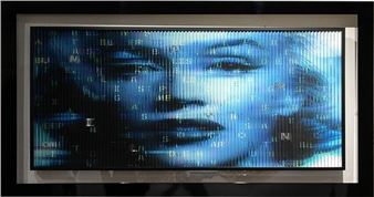 A digital portrait of a person's face composed of cascading blue binary code.