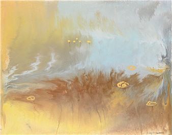 An abstract landscape painting blending earthy browns, soft blues, and warm yellows.