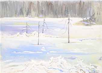 "A serene winter landscape featuring a frozen river, snow-covered banks, and bare trees against a muted forest backdrop."