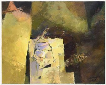 An abstract composition blending geometric forms with expressive brushwork in a palette of earthy yellows, greens, and deep browns.