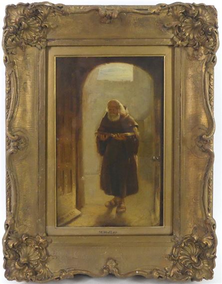 A 19th century oil on canvas of a monk holding a book - William G. Muller
