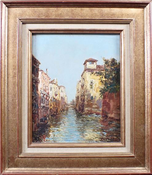 A sun-drenched canal scene with weathered buildings and a small boat.
