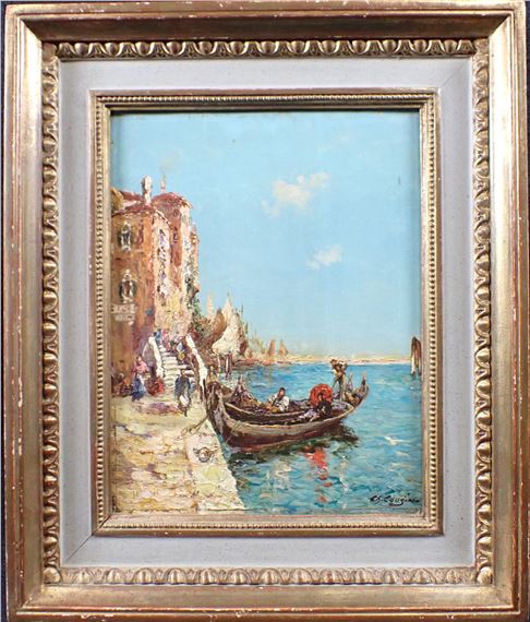 A sun-drenched Venetian canal scene featuring a gondola and historic architecture.