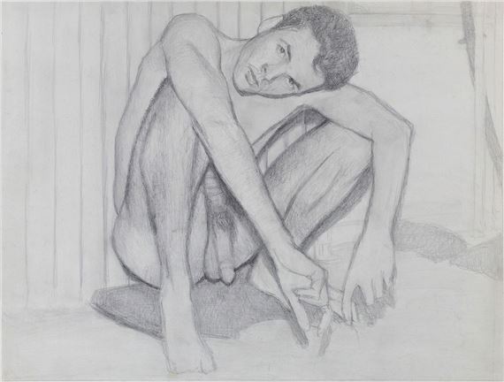 A charcoal drawing of a seated figure holding a pen.