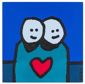 A stylized double-headed figure with a red heart on a teal torso against a deep blue background.