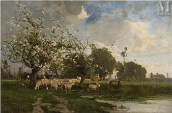 Troupeau de montous sous les pommiers en fleurs - Alexandre Defaux