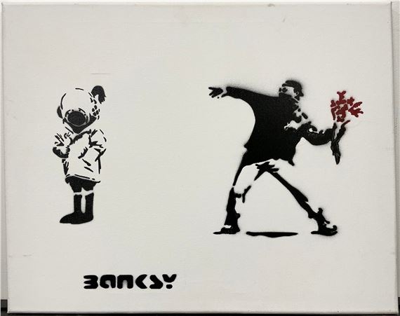Banksy | The Flower Thrower, and Space-girl with bird, stencilled ...