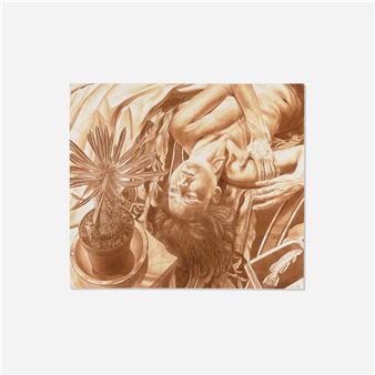 A surreal monochromatic drawing of a reclining figure with a lion's mane, cradling a potted plant.