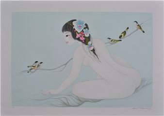 A painting of a woman sitting on the ground with birds on her head.