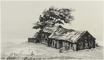 A monochromatic drawing of a rustic cottage with thatched roof and a large tree, featuring a lone figure in the foreground.
