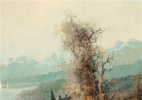 Willi Bauer | Landscape with Lake and Figures (1960) | MutualArt