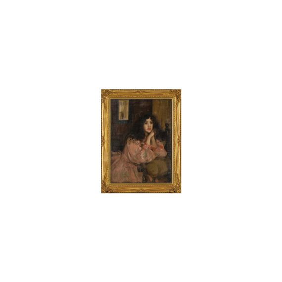 A contemplative figure in a pink dress sits in a dimly lit interior, framed by an ornate gold border.