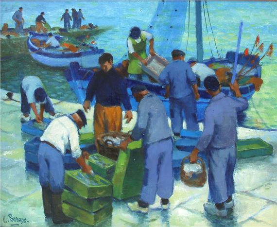 A vibrant painting of fishermen unloading crates from boats onto a sunlit pier.