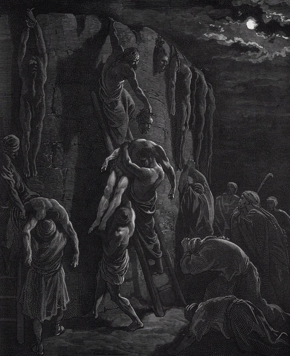 Gustave Doré | Jabesh-Gileadites recover the Bodies of Saul and his ...
