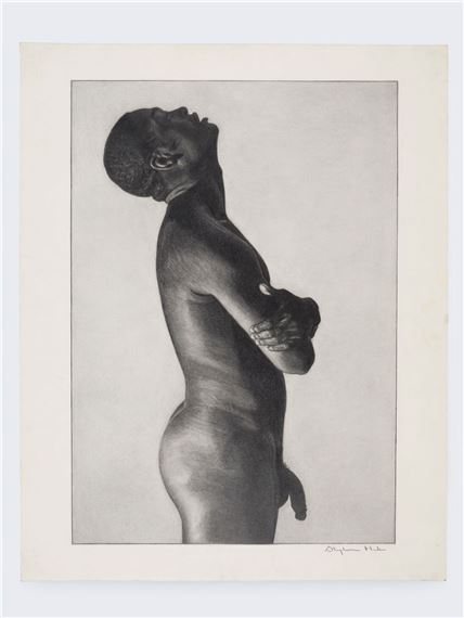 A monochromatic study of a nude figure in profile, captured with dramatic chiaroscuro lighting.
