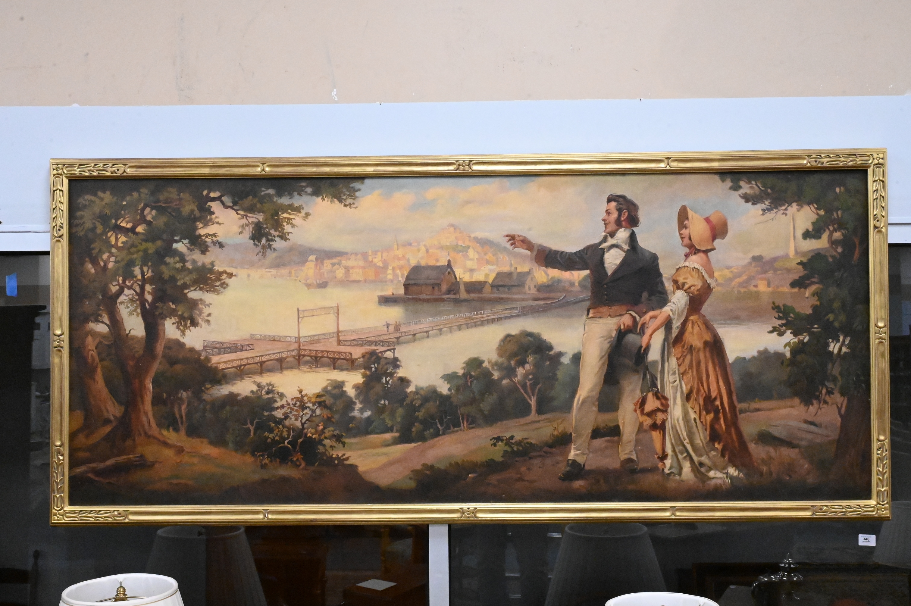 A romanticized landscape painting featuring a couple gazing at a distant city from a hillside.