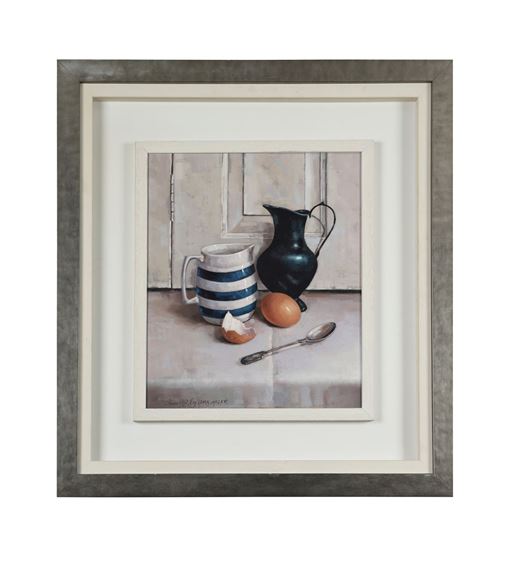 A still life painting featuring a striped pitcher, a dark jug, an egg, and a spoon on a light surface.
