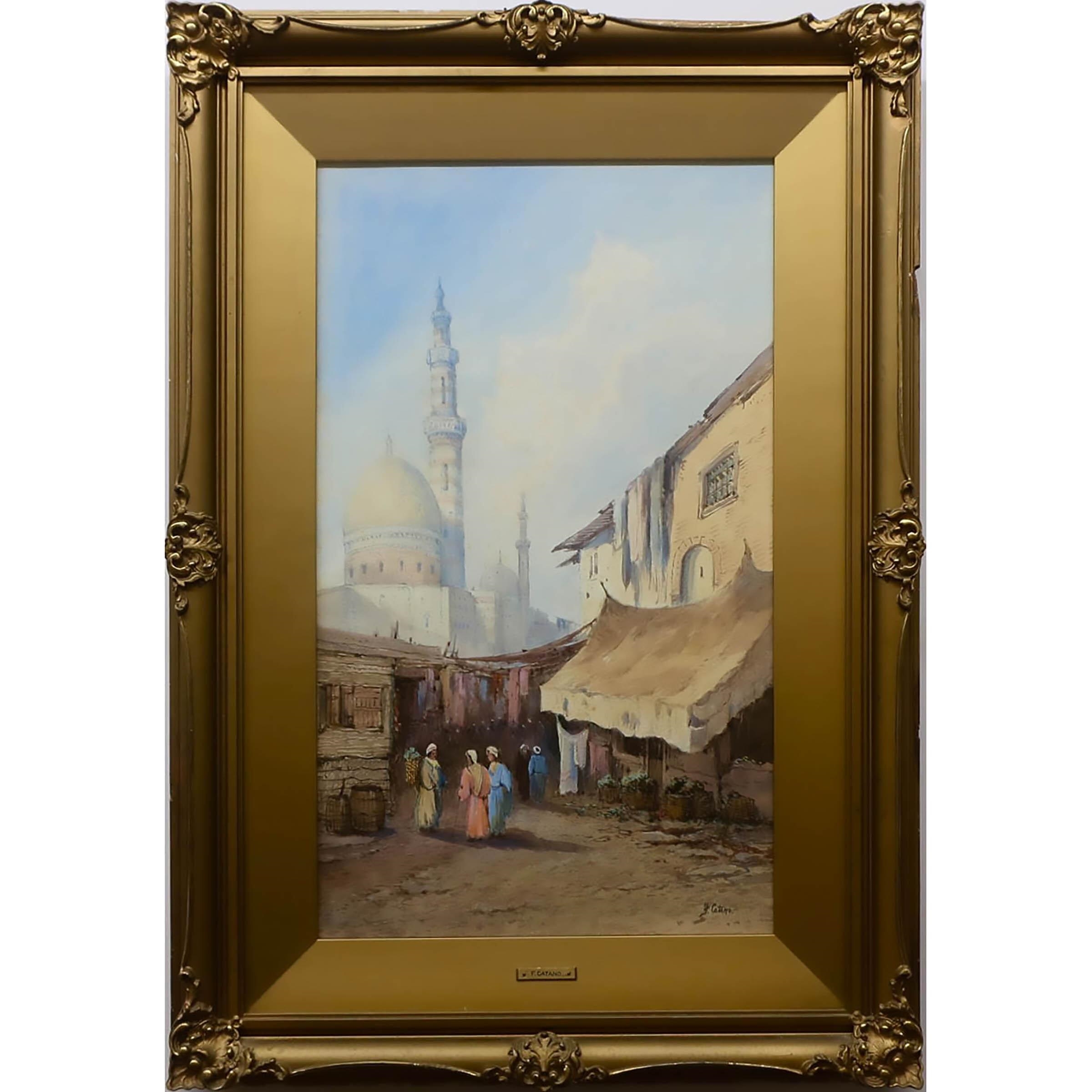 A framed watercolor painting of a sunlit Middle Eastern street scene with a mosque and figures in colorful robes.