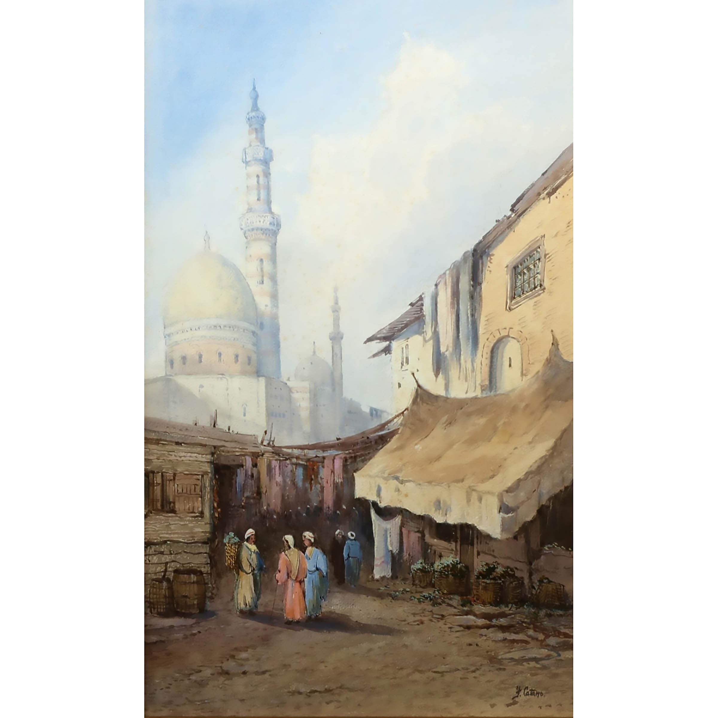 A framed watercolor painting of a sunlit Middle Eastern street scene with a mosque and figures in colorful robes.