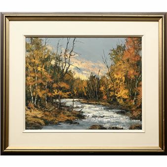 A landscape painting of a stream flowing through an autumn forest.