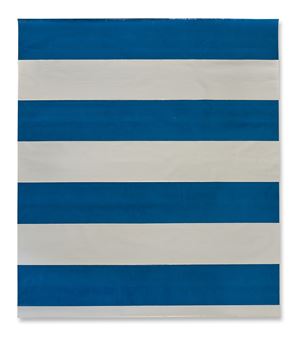 A minimalist artwork featuring bold horizontal stripes in deep blue and off-white.