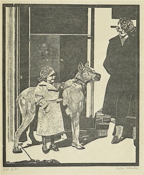 A black and white illustration of a woman standing next to a dog.