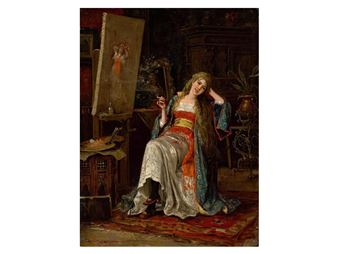 A painting of a woman sitting in front of a painting.