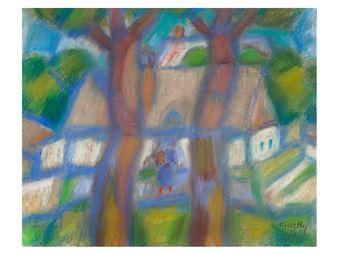 A pastel drawing of a house in the woods.