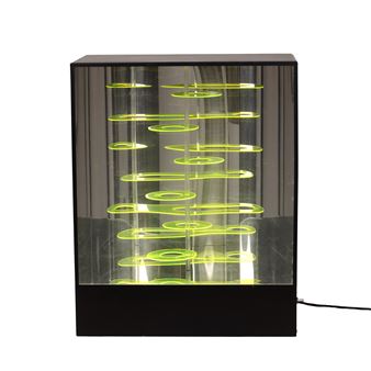 A black and yellow display case with a light on it.